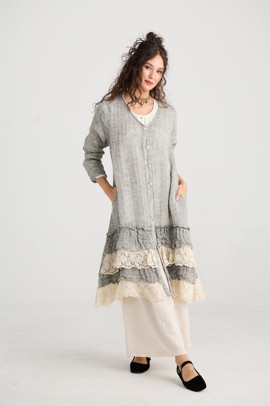 Florette linen ruffle coat jacket with lace