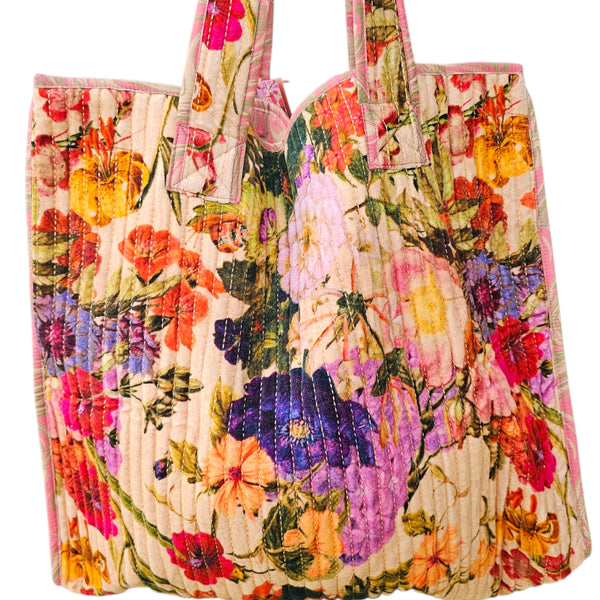 Powder Luxe Velvet Quilted Tote Bags - Cream Posy