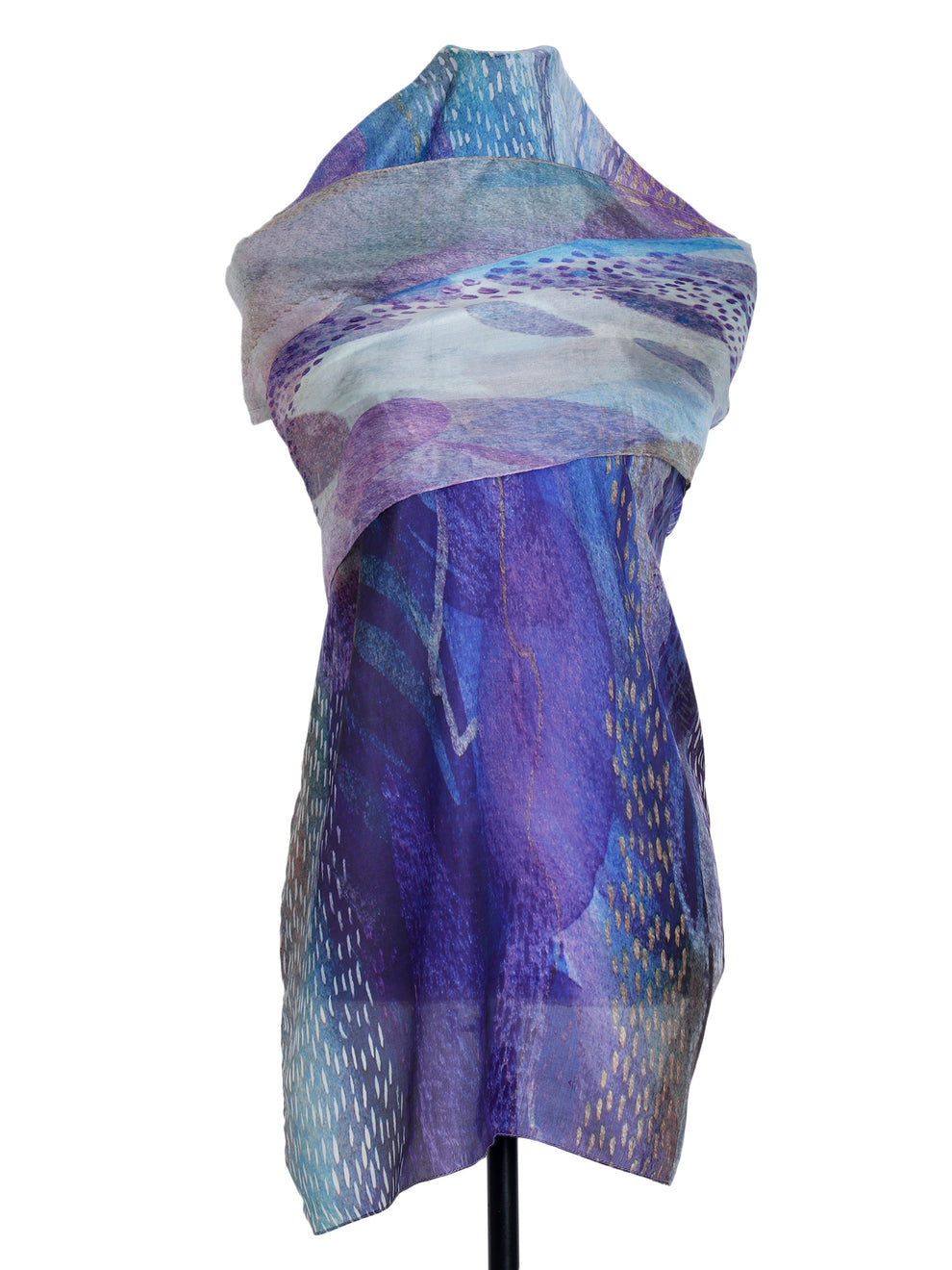 Mystic Waves Abstract Scarf – Pure Silk. Blue & Purple Artistic Print