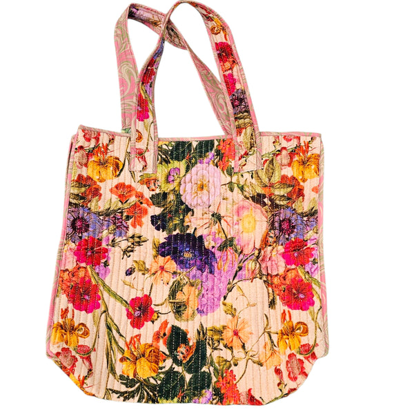 Powder Luxe Velvet Quilted Tote Bags - Cream Posy
