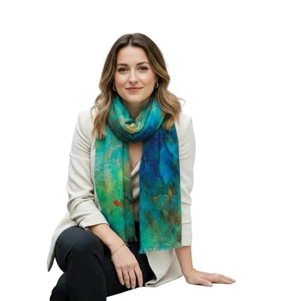 Ocean Breeze Abstract Scarf – Merino Wool Silk | Blue & Gold Artistic Print Wrap