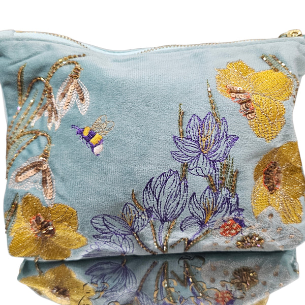 Mid Sized Embroidered Zip Pouch - Wildflower Meadow Powder