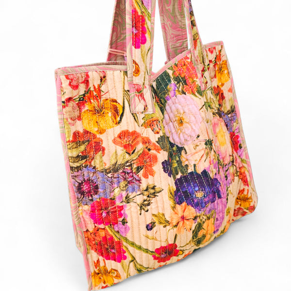 Powder Luxe Velvet Quilted Tote Bags - Cream Posy