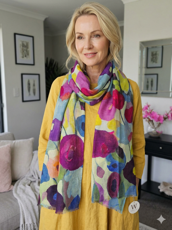 Floral Print Merino Silk Designer Scarf W25-34