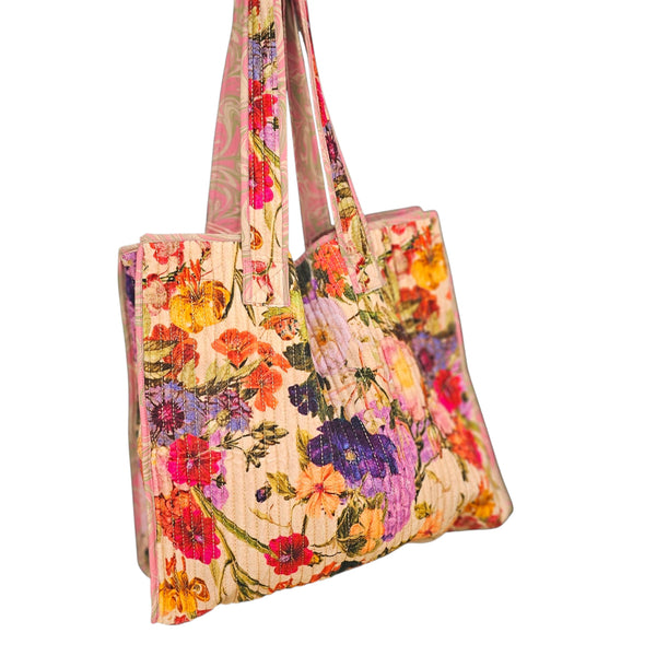 Powder Luxe Velvet Quilted Tote Bags - Cream Posy