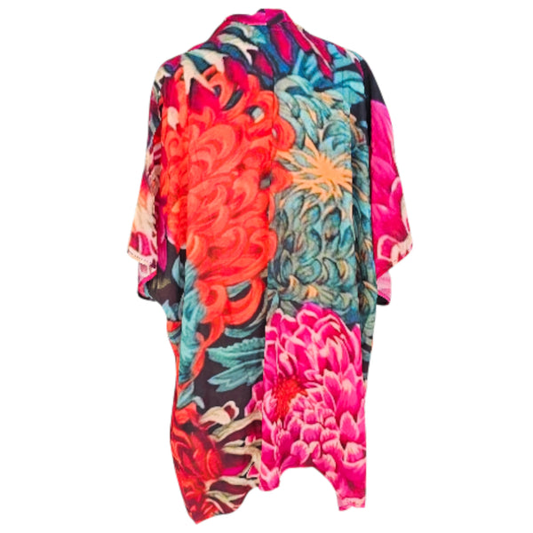 Japanese Chrysanthemum Red Viscose Crepe Kaftan Cape