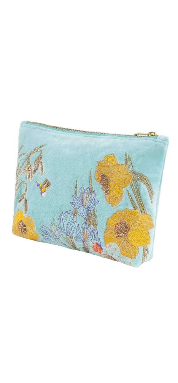 Mid Sized Embroidered Zip Pouch - Wildflower Meadow Powder