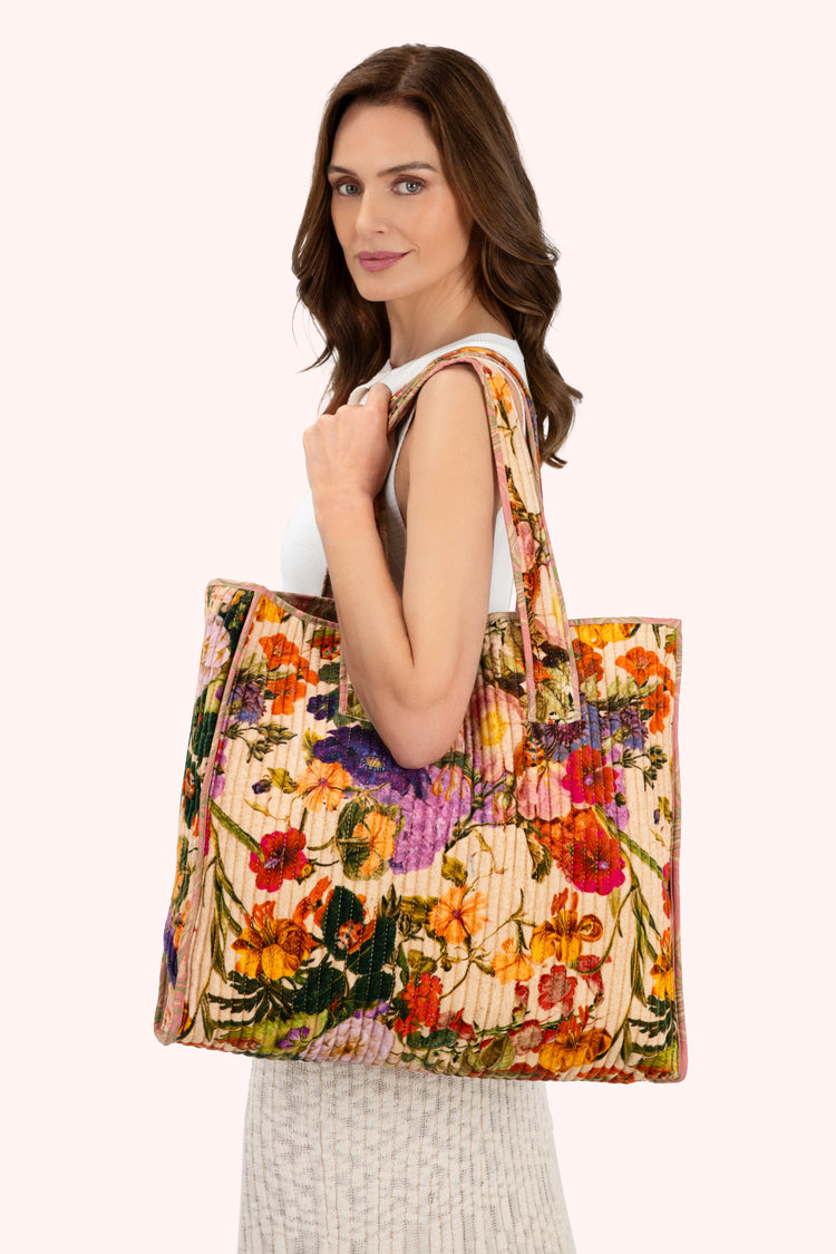 Powder Luxe Velvet Quilted Tote Bags - Cream Posy