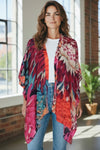 Japanese Chrysanthemum Red Viscose Crepe Kaftan Cape