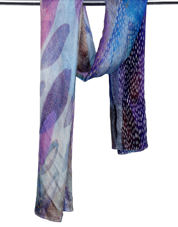 Mystic Waves Abstract Scarf – Pure Silk. Blue & Purple Artistic Print