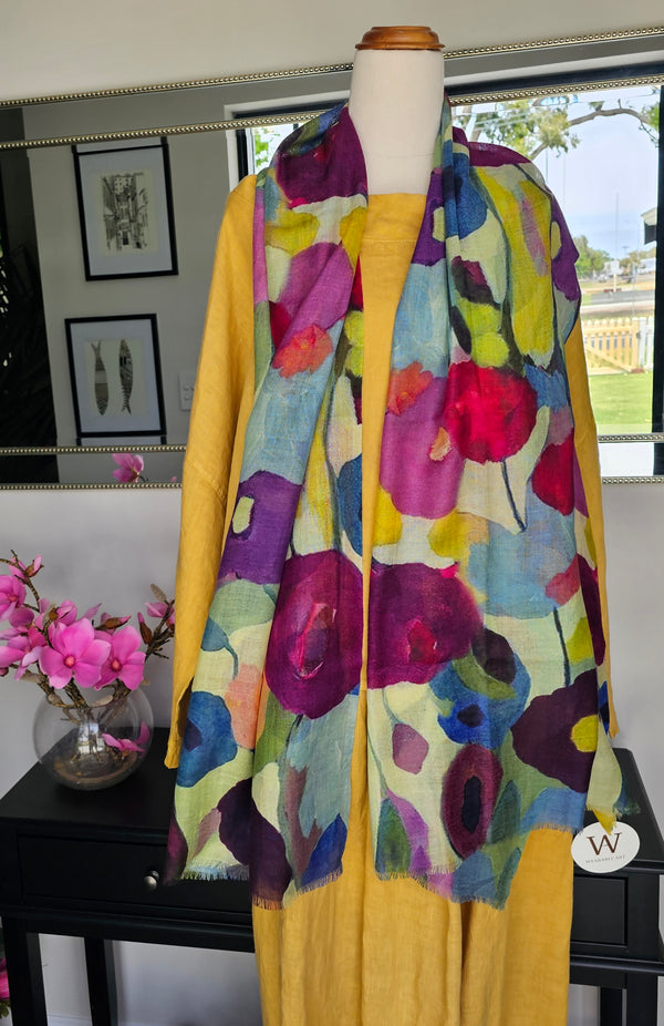 Floral Print Merino Silk Designer Scarf W25-34