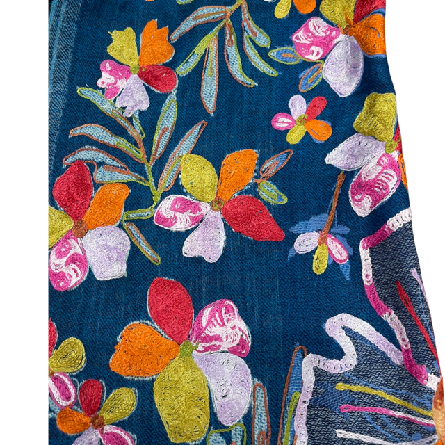 Shawl Merino Wool Embroidered scarf - Bright Blue Multi SB-44